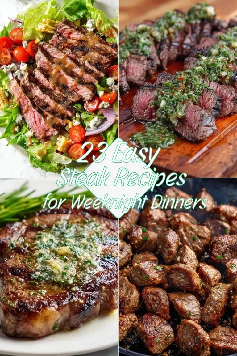Collage of four steak dishes including sliced steak salad, chimichurri steak, garlic butter steak, and steak bites for 23 Easy Steak Recipes for Weeknight Dinners.