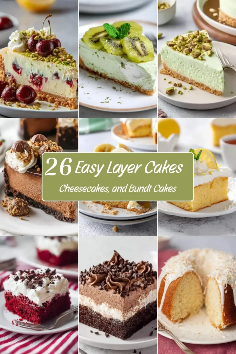 Collage of nine beautiful cake slices including cheesecakes, layer cakes, and bundt cakes featured in 26 Easy Layer Cakes, Cheesecakes, and Bundt Cakes.