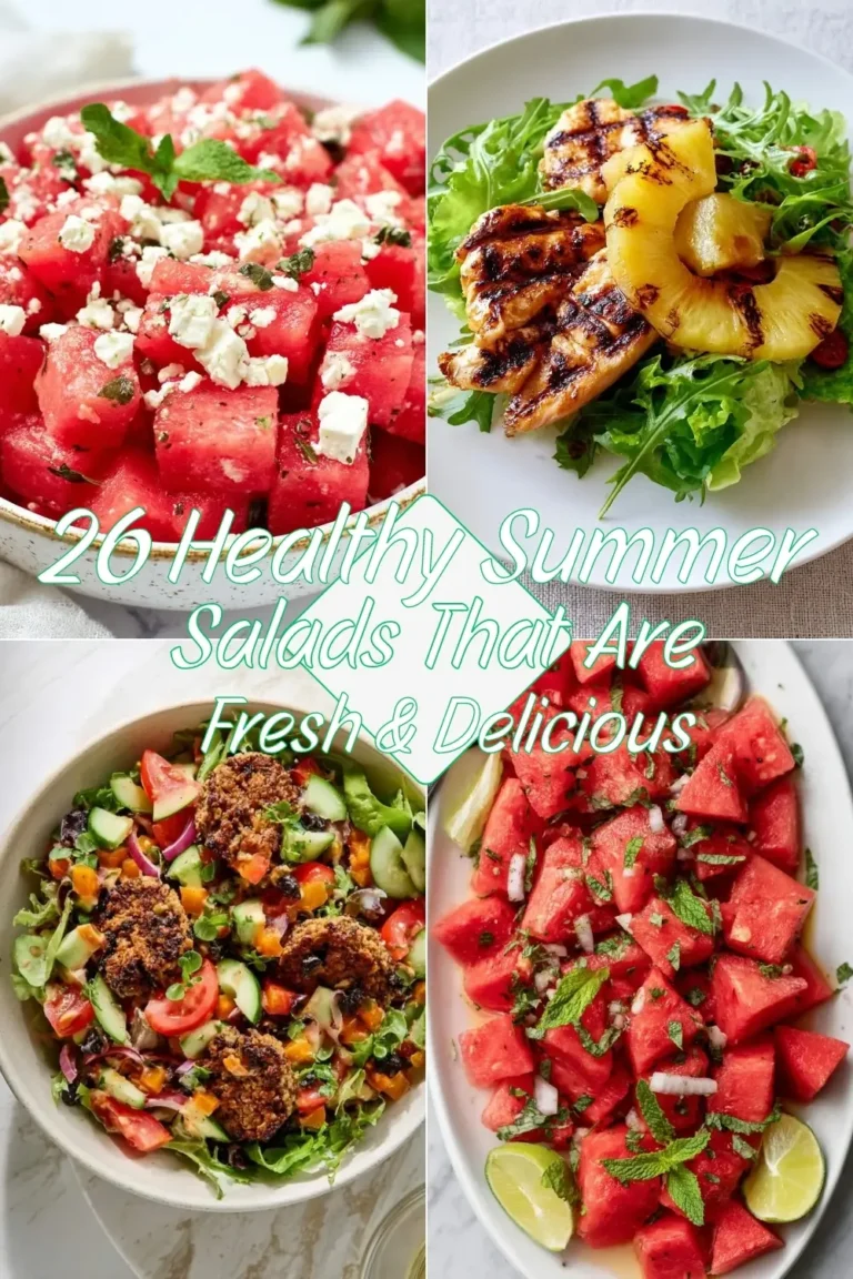 Collage of four fresh summer salads featuring watermelon feta salad, grilled chicken with pineapple, crispy chicken garden salad, and mint lime watermelon salad for 26 Fresh & Healthy Summer Salad Ideas.