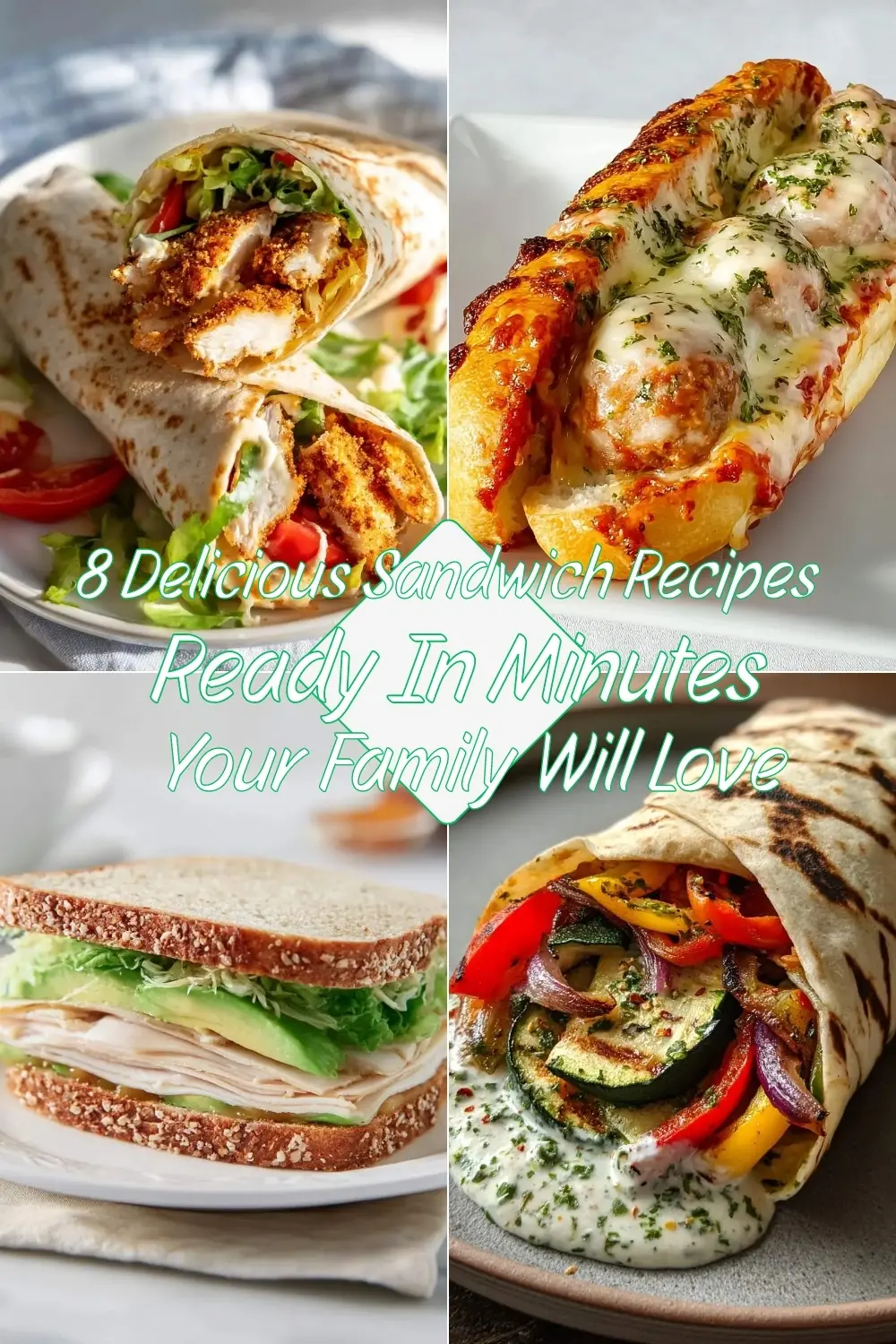 Collage of four delicious sandwiches and wraps featuring 8 Best Sandwich Recipes for Quick and Easy Meals