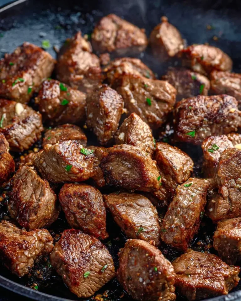 Golden brown Air Fryer Steak Bites sizzling in a pan with fresh herbs sprinkled on top.