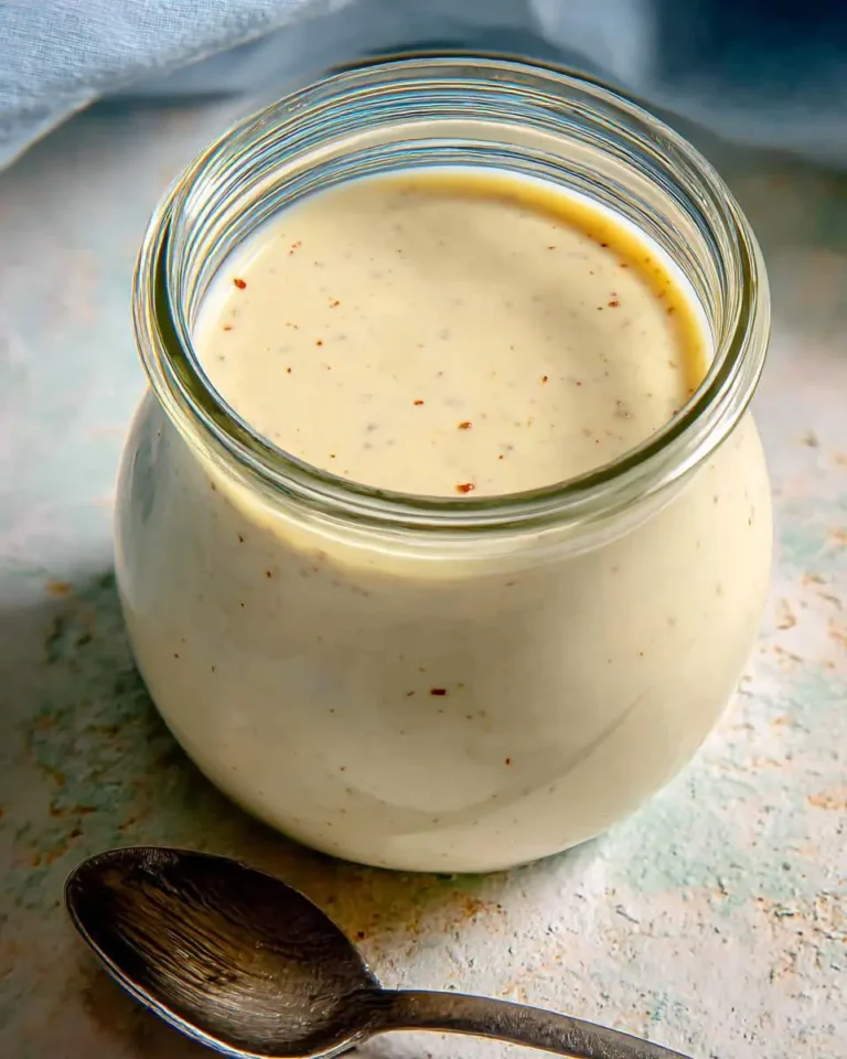 Creamy Alabama White BBQ Sauce in a glass jar with a spoon nearby on a rustic surface.