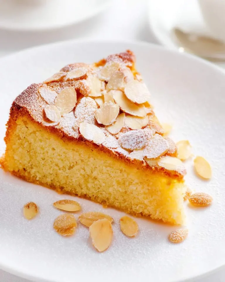 A slice of almond cake topped with sliced almonds and powdered sugar on a white plate.