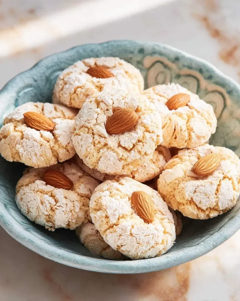 A decorative bowl filled with crinkled almond cookies topped with whole almonds and dusted with powdered sugar.