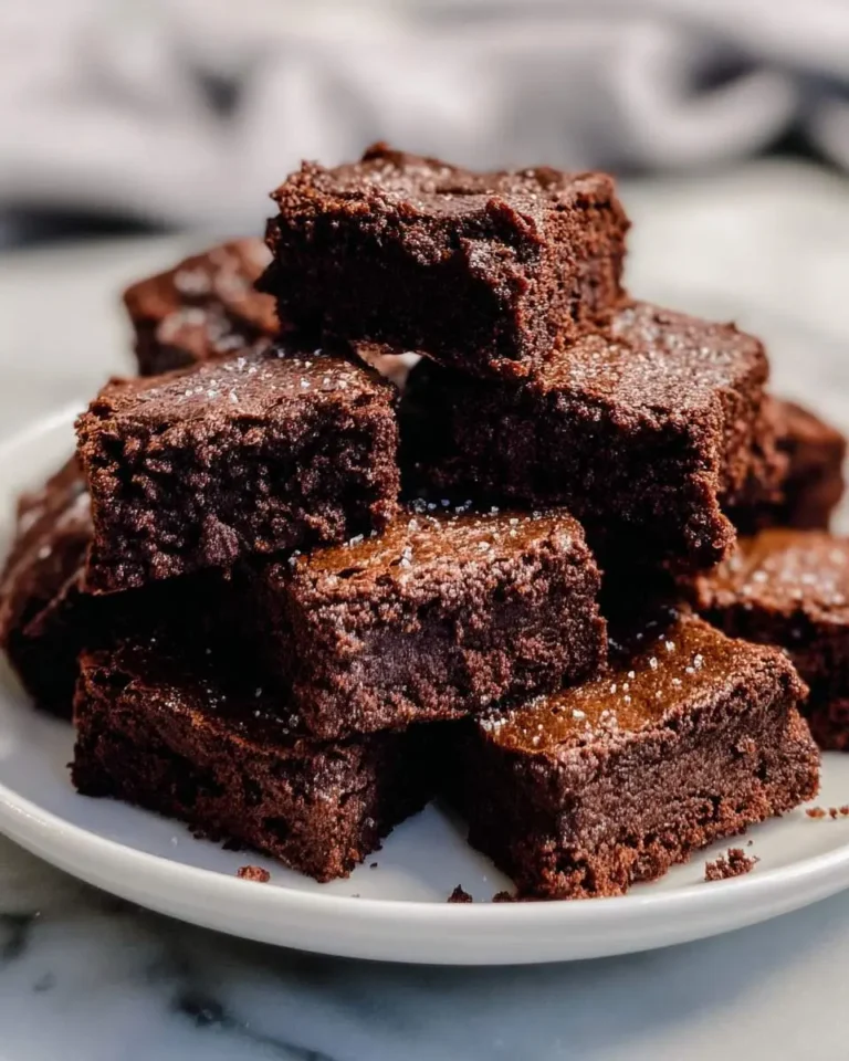 A stack of rich, fudgy almond flour brownies sprinkled with coarse sugar on a white plate.