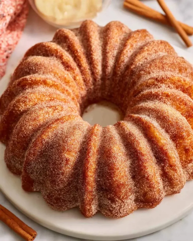 A golden Apple Cider Bundt Cake coated in cinnamon sugar sits on a white plate with cinnamon sticks nearby.