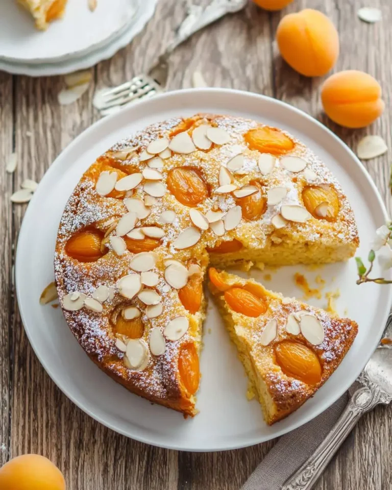 A round Apricot Almond Cake topped with sliced almonds and powdered sugar, with one slice cut out on a white plate.