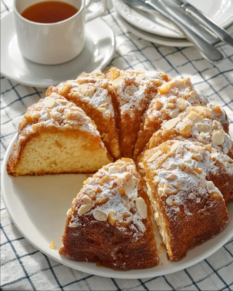 Sliced Apricot Almond Coffee Cake topped with powdered sugar and sliced almonds, served with tea.