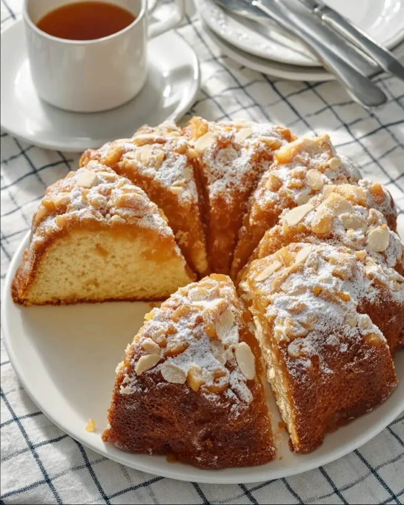 Sliced Apricot Almond Coffee Cake topped with powdered sugar and sliced almonds, served with tea.