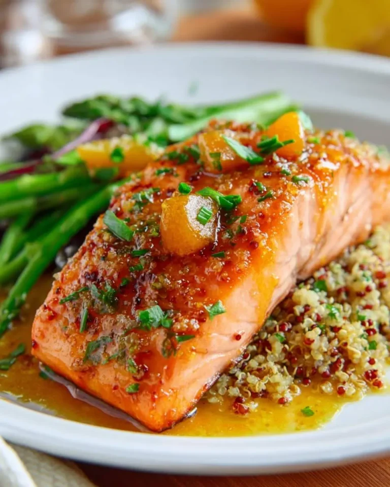 Glazed Apricot Dijon Salmon fillet served with quinoa and asparagus on a white plate.