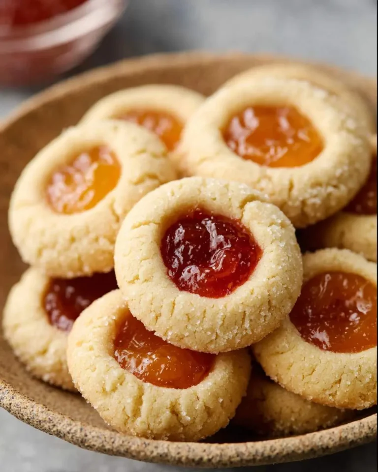 A rustic bowl filled with Apricot Jam Thumbprint Cookies, featuring golden shortbread with glossy apricot and red jam centers.