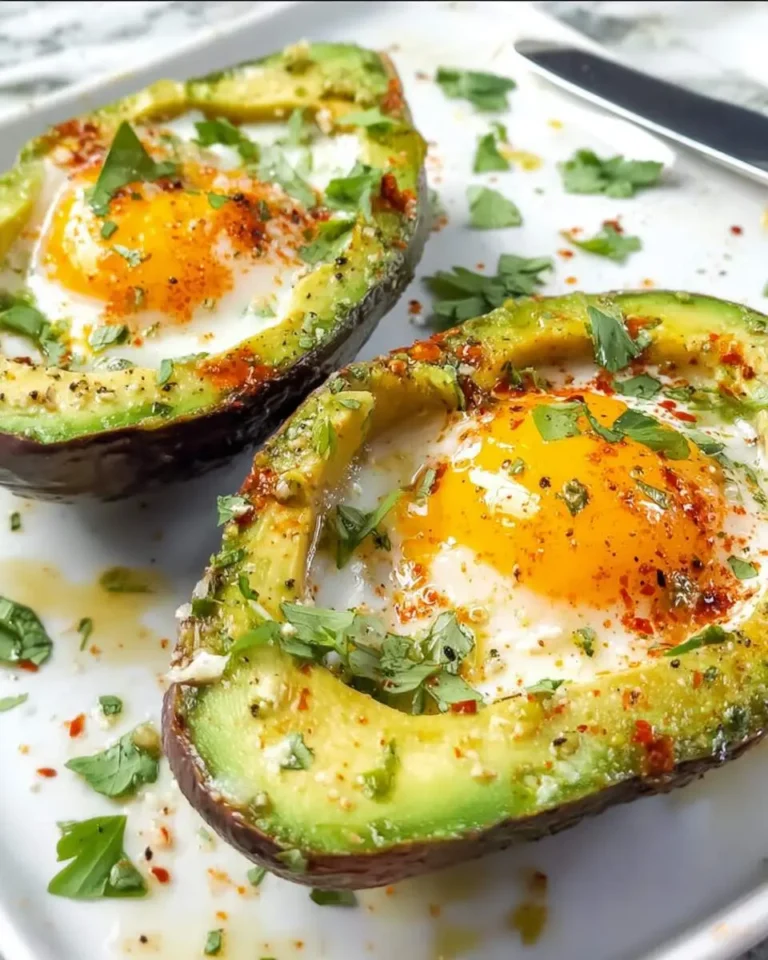 Two baked avocado egg boats topped with herbs and spices served on a white plate.