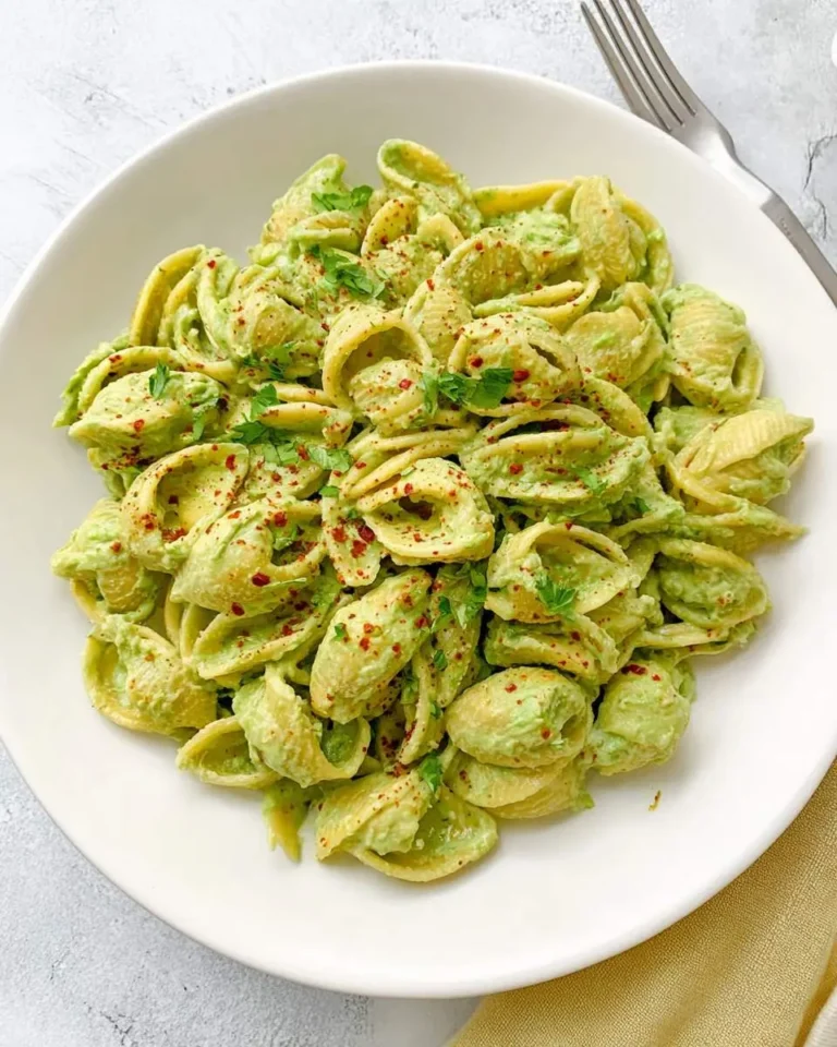 A white bowl filled with creamy Avocado Greek Yogurt Pasta topped with red pepper flakes and fresh herbs.