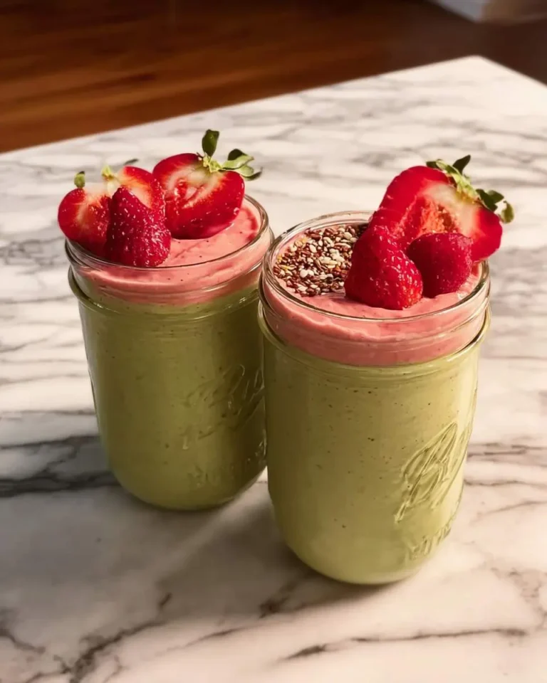 Two mason jars filled with layered avocado strawberry smoothie topped with fresh strawberries and seeds on a marble surface.