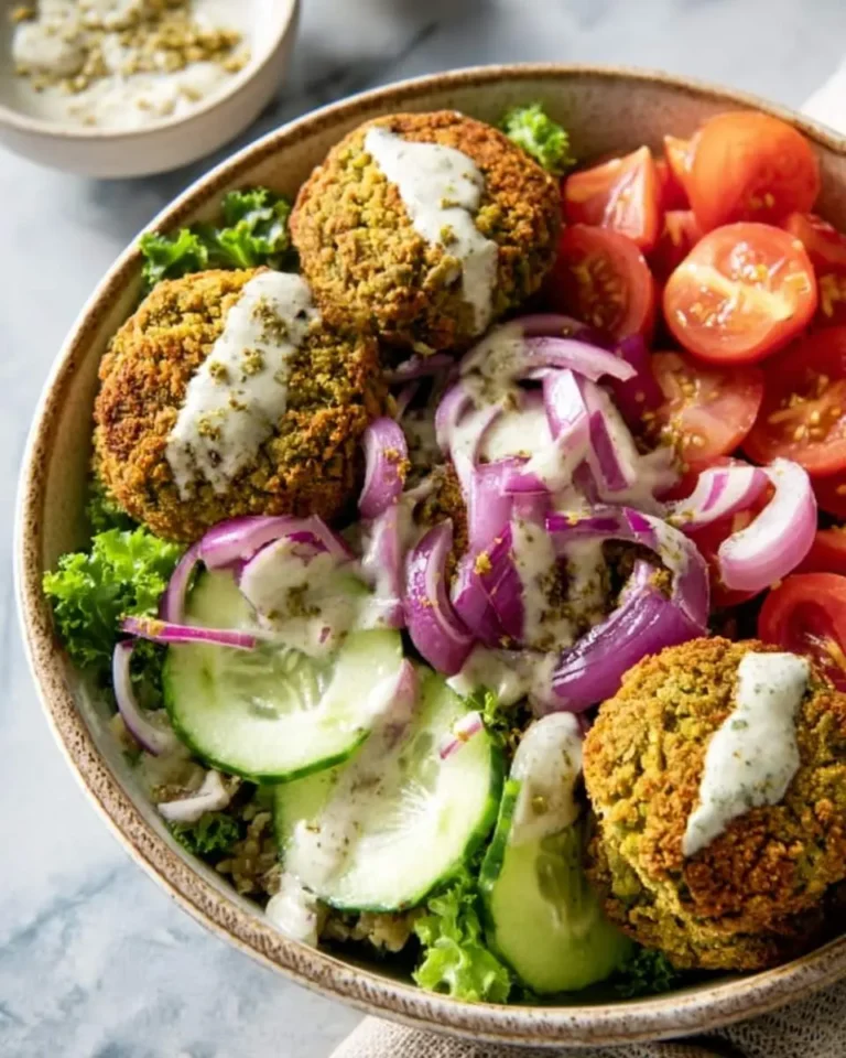 A colorful baked falafel bowl with crispy falafel patties, fresh vegetables, and creamy tahini dressing.