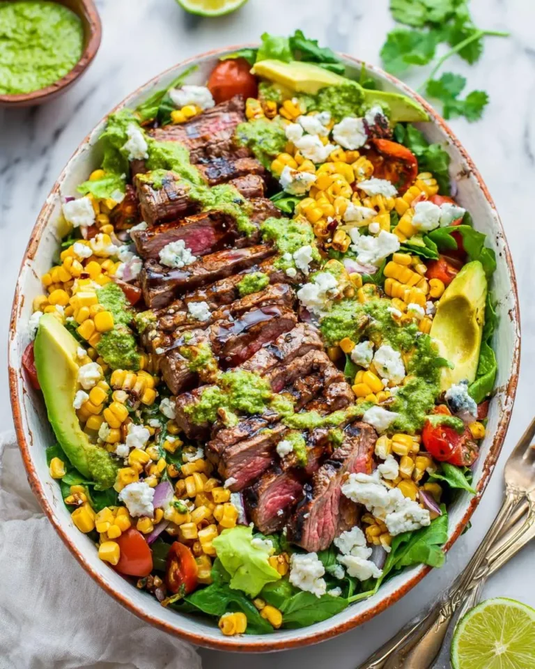 Balsamic Steak Gorgonzola Salad with Grilled Corn served in an oval bowl with avocado slices and green dressing drizzled on top.
