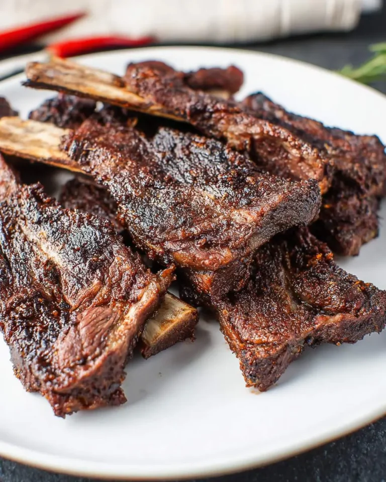Stack of BBQ Flanken Short Ribs on a white plate with caramelized, smoky exterior and visible bones.