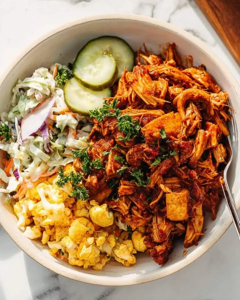 A BBQ Jackfruit Bowl with shredded jackfruit in sauce, coleslaw, roasted cauliflower, and cucumber slices in a white bowl.