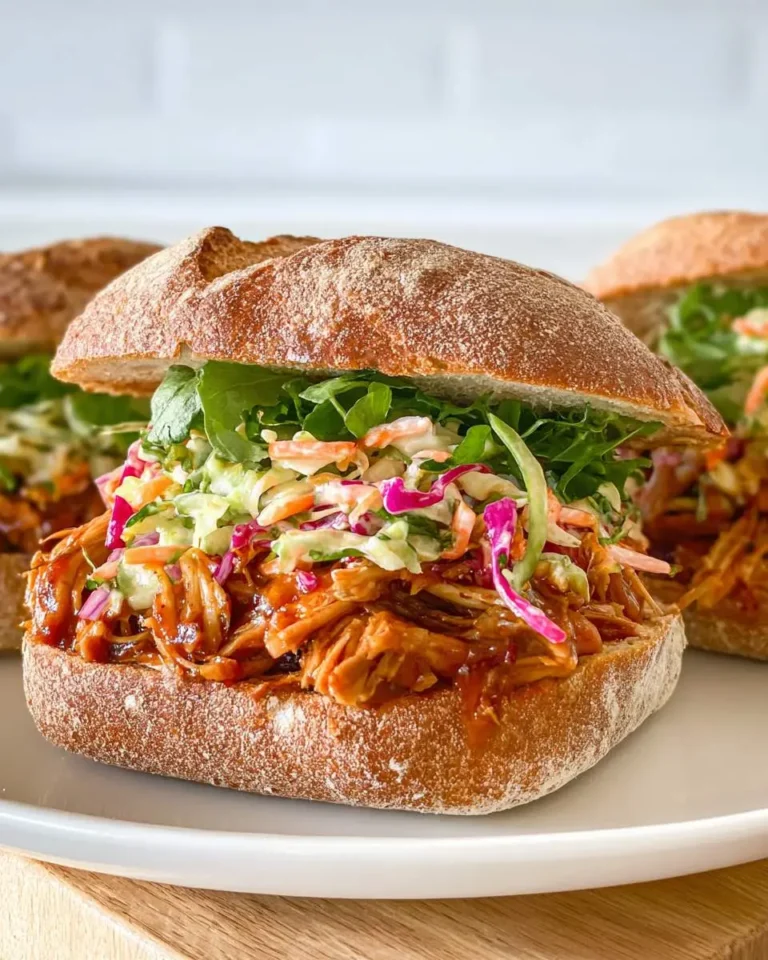 A BBQ Jackfruit Sandwich topped with colorful coleslaw and fresh greens on a crusty bun, served on a white plate.
