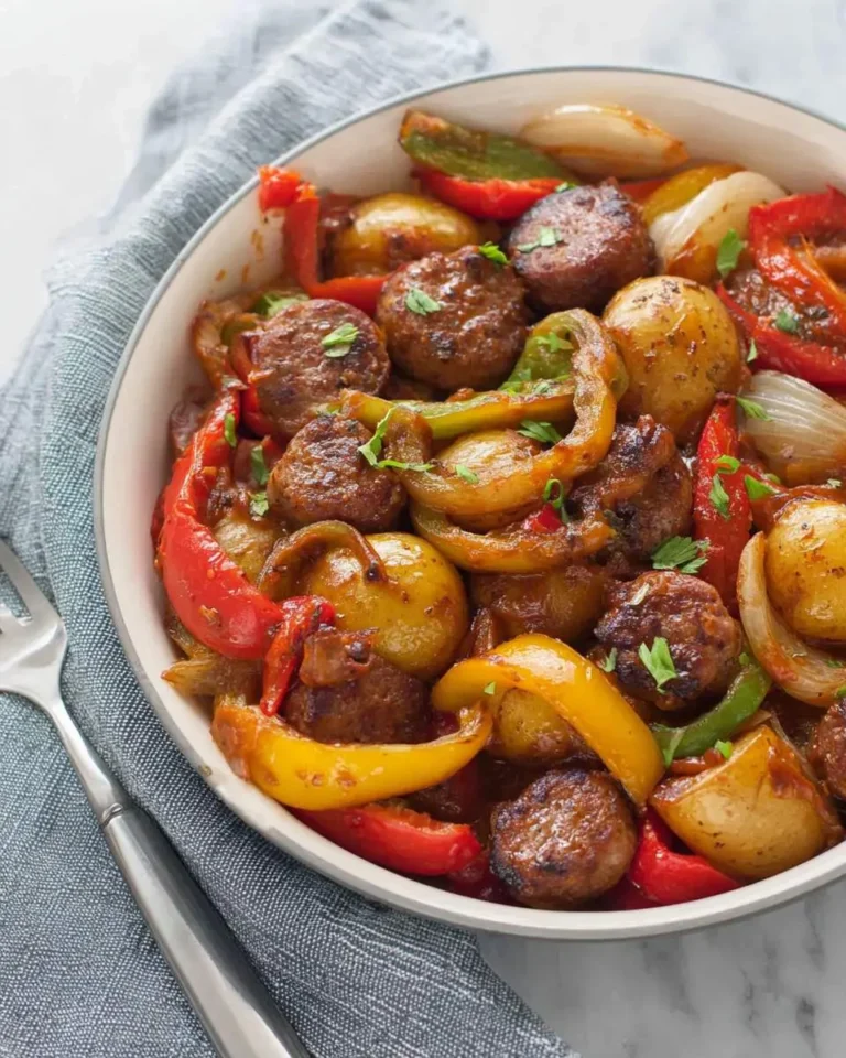 BBQ Sausage, Peppers and Potato Skillet with colorful bell peppers, onions, and fresh herbs in a white pan.