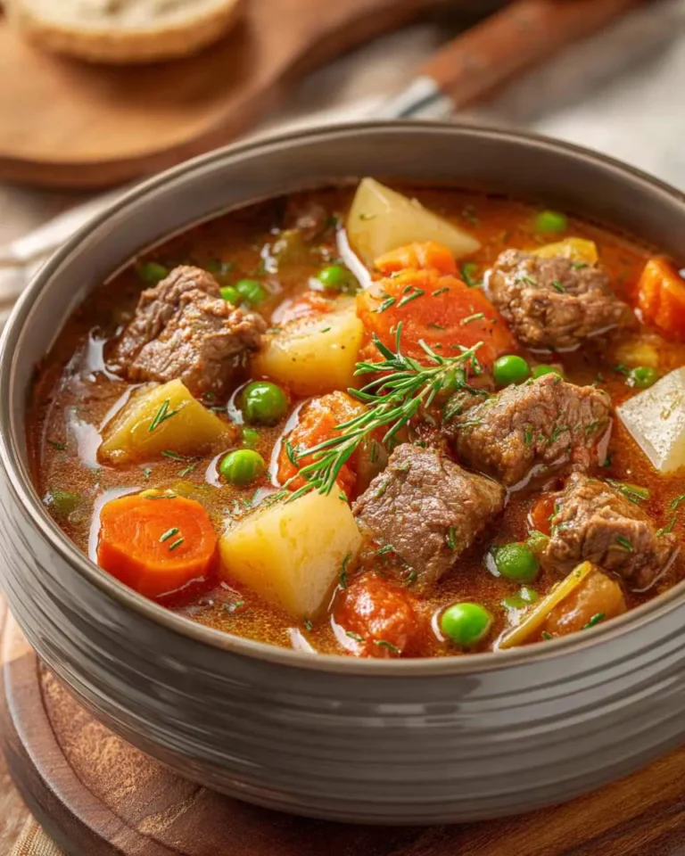 Hearty beef and vegetable stew with tender chunks of meat, potatoes, carrots, and peas in a rich brown broth, garnished with fresh herbs.
