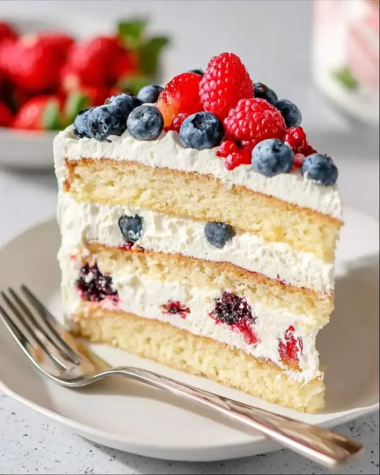 A slice of Berry Chantilly Cake with three layers of vanilla sponge, whipped cream, and fresh berries on a white plate.