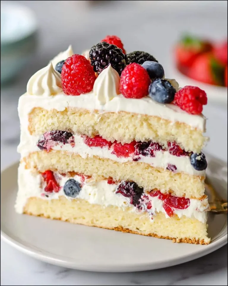 A slice of Berry Chantilly Cake with three layers of vanilla sponge, fresh berries, and whipped cream frosting on a white plate.