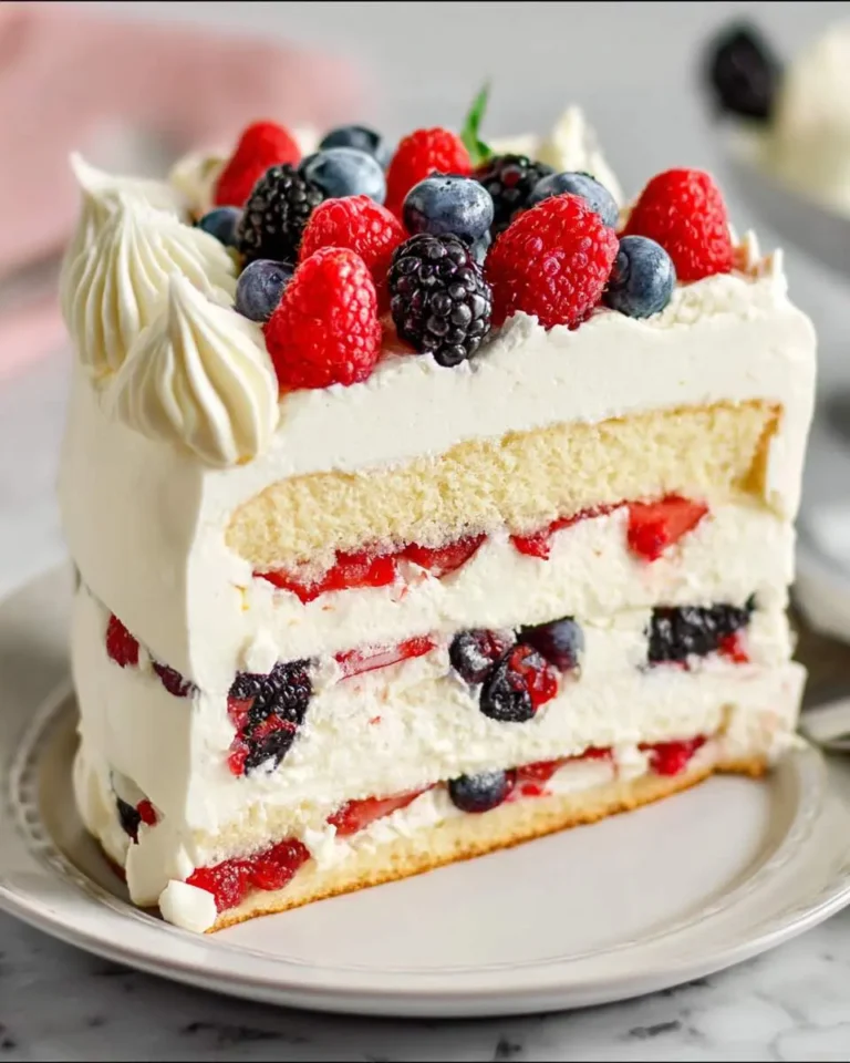 A sliced Berry Chantilly Cake with layers of vanilla sponge, fresh berries, and whipped cream frosting topped with mixed berries.
