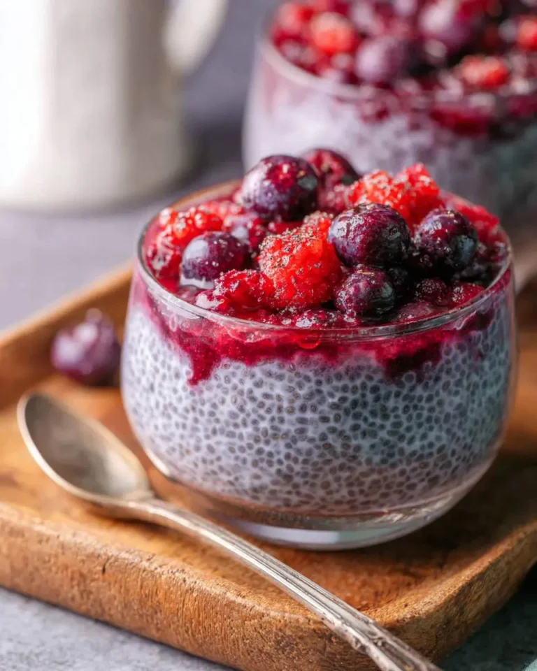 Berry Chia Pudding in a glass jar topped with fresh blueberries and raspberries on a wooden tray.
