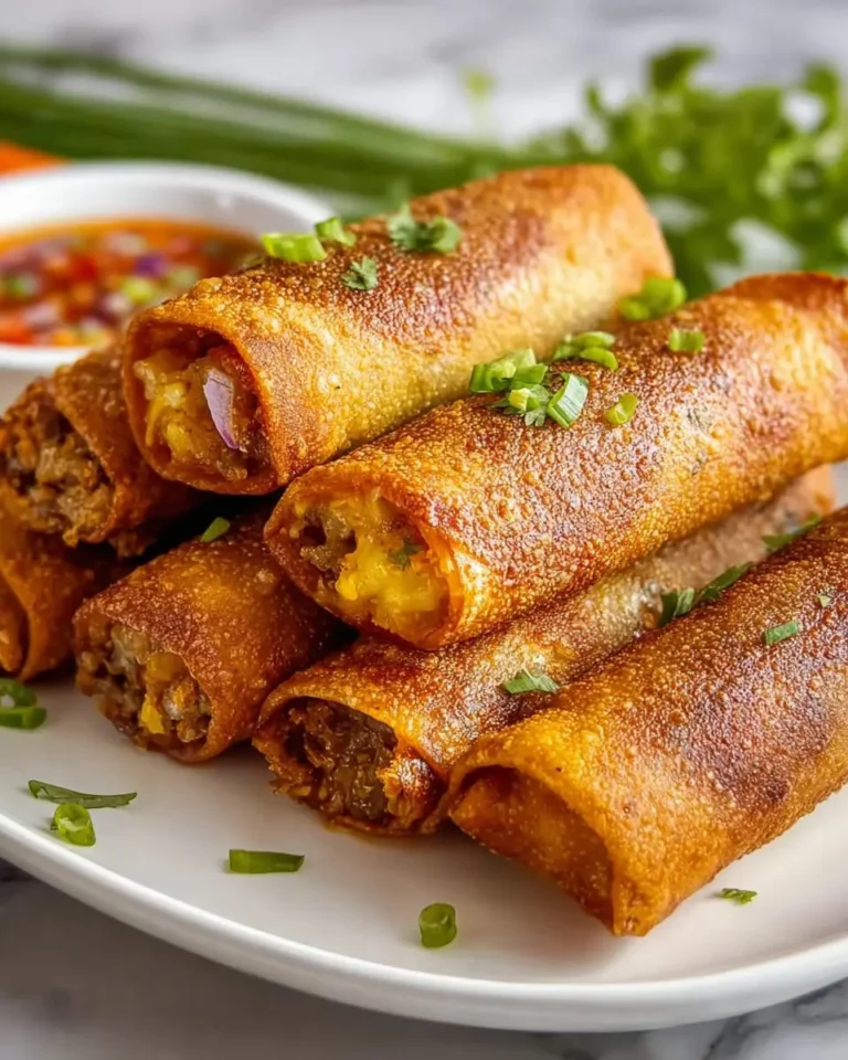Crispy golden Birria egg rolls stacked on a white plate, garnished with fresh chopped green onions and served with dipping sauce.