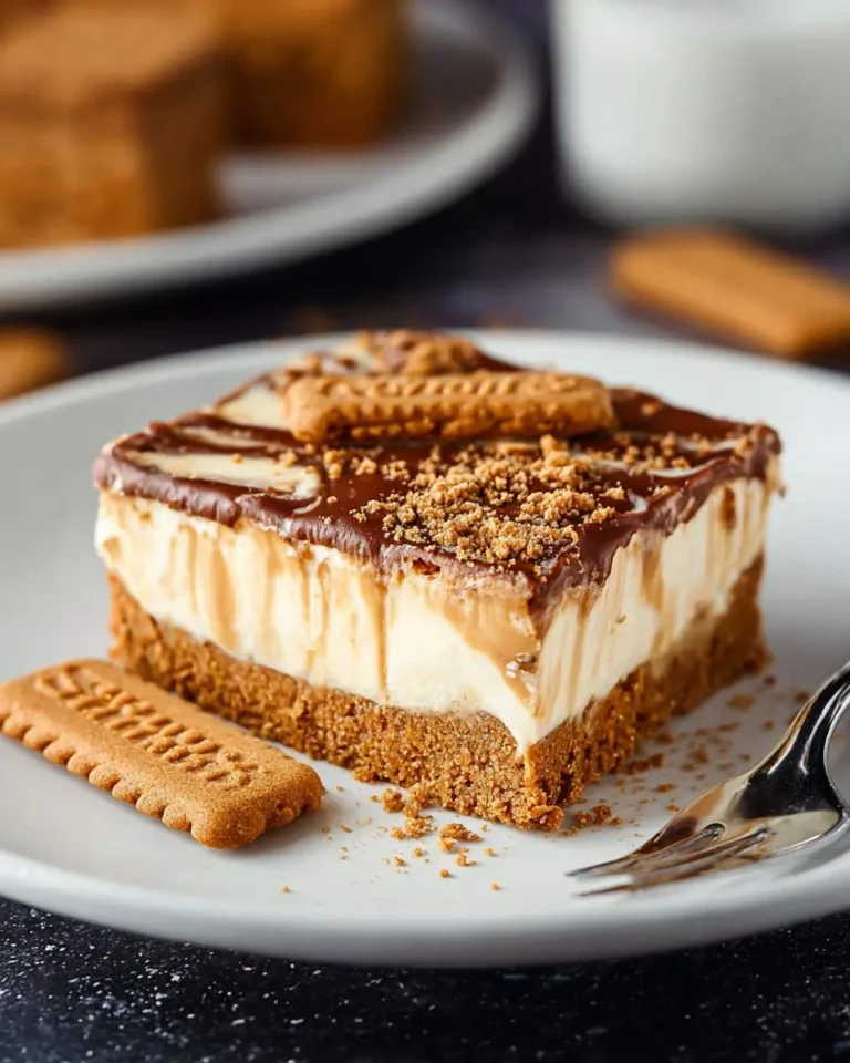A layered Biscoff cheesecake bar with cookie crust, creamy filling, chocolate drizzle, and cookie crumbles on a white plate.