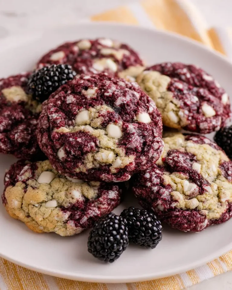 A plate of Blackberry Crinkle Cookies with white chocolate chips and fresh blackberries.