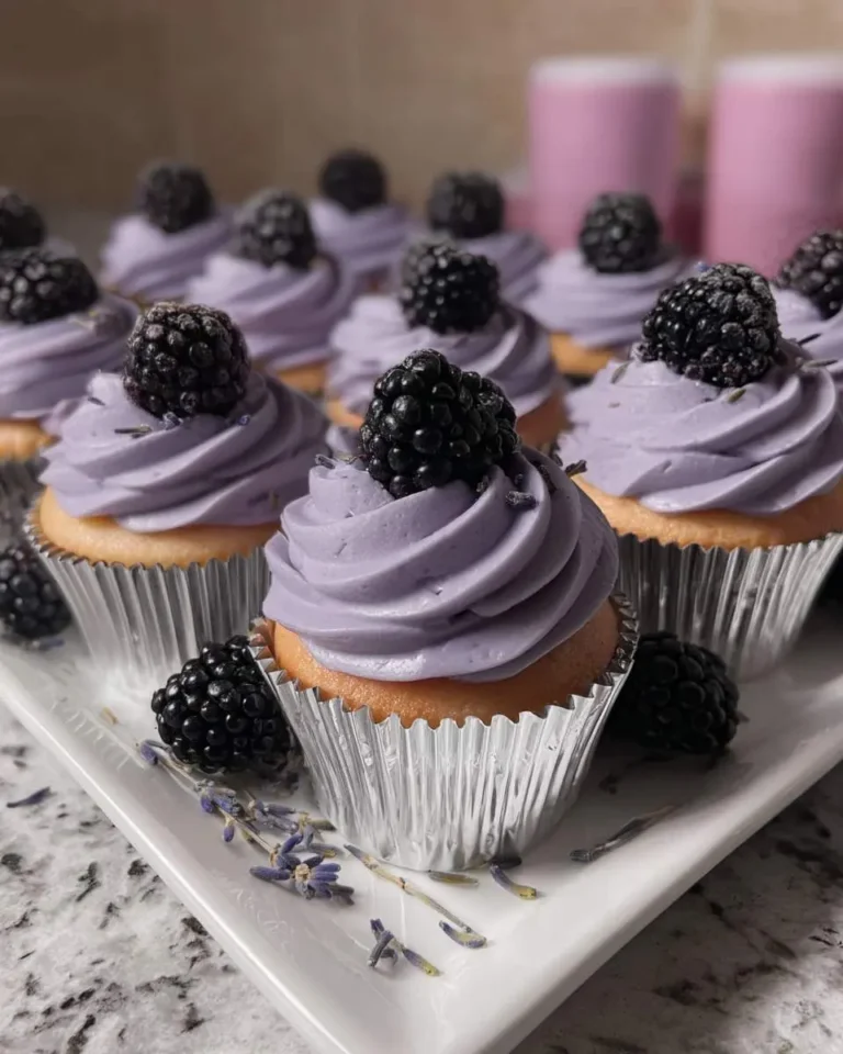 Elegant Blackberry Lavender Chocolate Cupcakes topped with swirled purple frosting and fresh blackberries on a white serving tray.