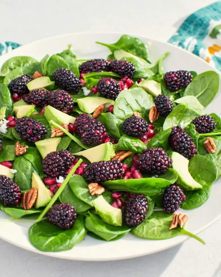 Fresh Blackberry Spinach Salad with avocado slices, pecans, and pomegranate seeds served on a white plate.