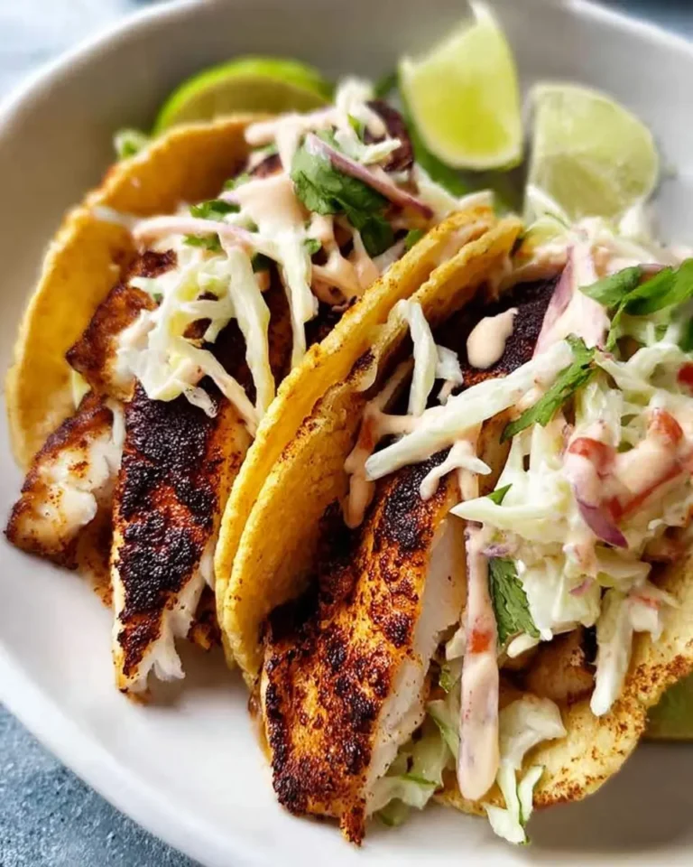 Two blackened tilapia tacos in corn tortillas topped with slaw, creamy sauce, and cilantro, served with lime wedges.