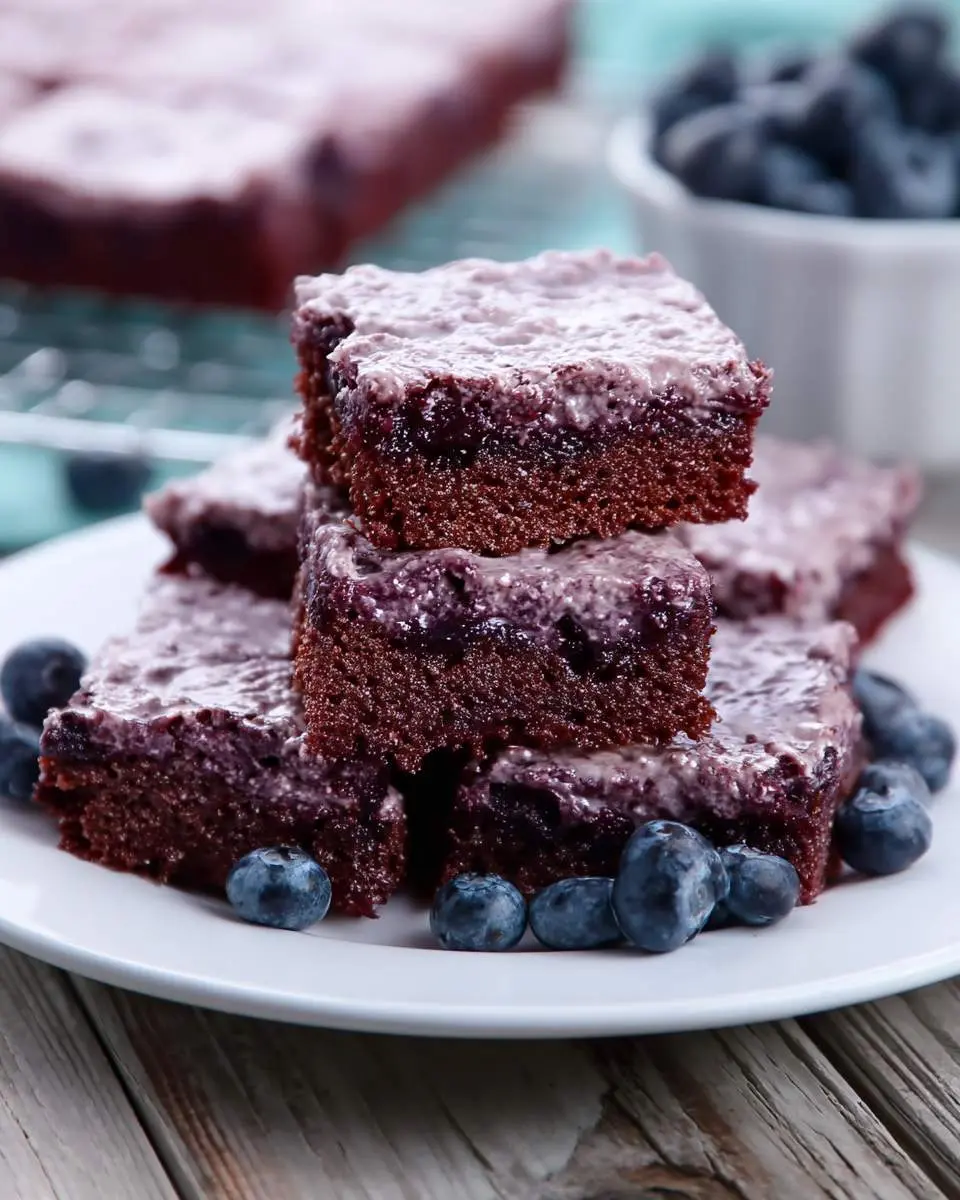 Stack of moist blueberry brownies with purple glaze on a white plate, surrounded by fresh blueberries.