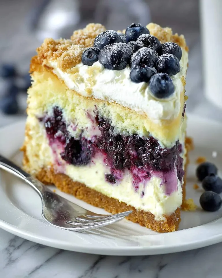 A slice of Blueberry Cream Cheese Cake topped with fresh blueberries, whipped cream, and crumb topping on a white plate.