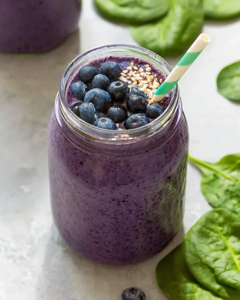 A mason jar filled with purple blueberry spinach smoothie topped with fresh blueberries, hemp seeds, and a striped straw.