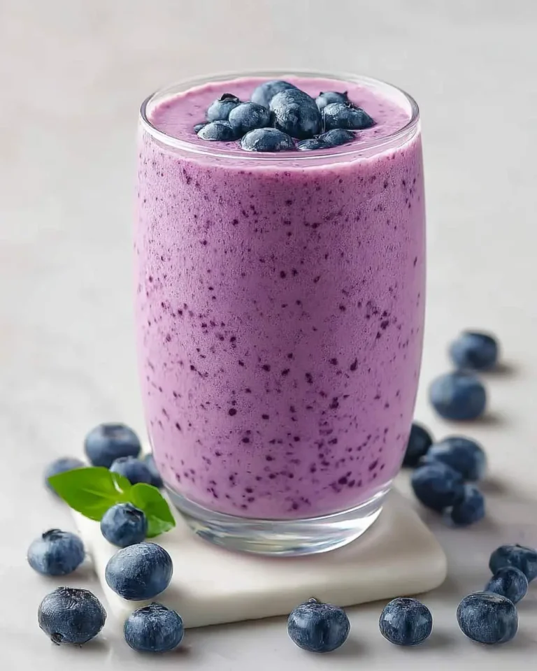 A glass of purple blueberry yogurt smoothie topped with fresh blueberries on a light surface.