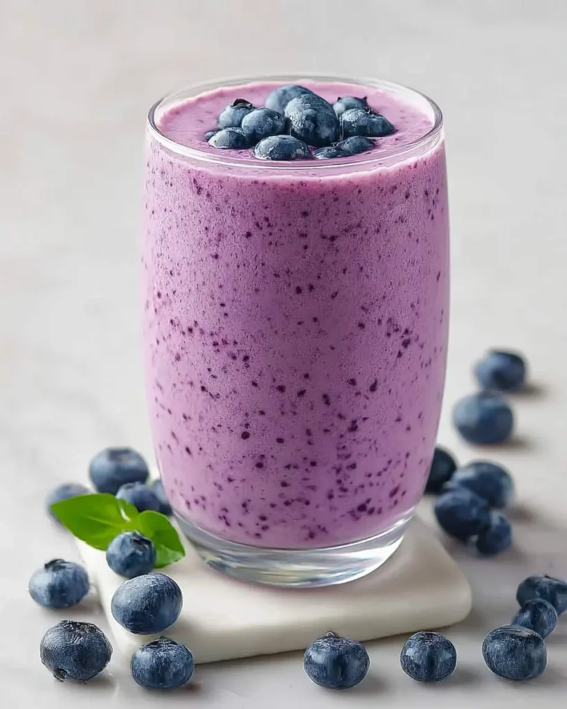 A glass of purple blueberry yogurt smoothie topped with fresh blueberries on a light surface.