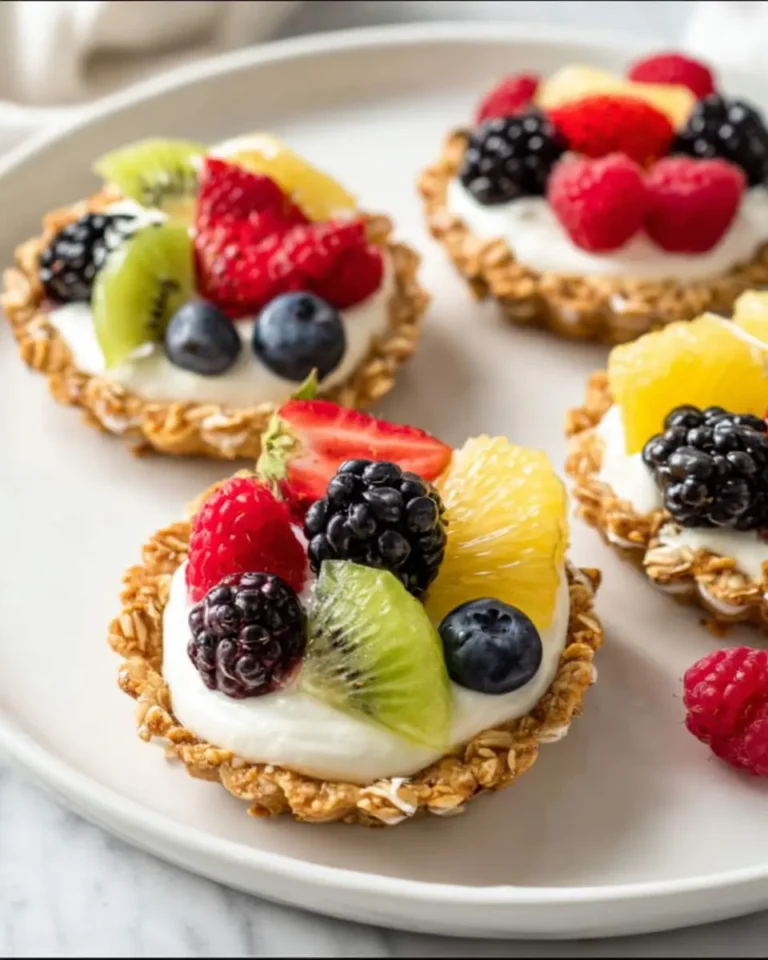 Colorful Breakfast Fruit Tarts with granola crusts, creamy yogurt filling, and fresh berries and citrus slices on a white plate.