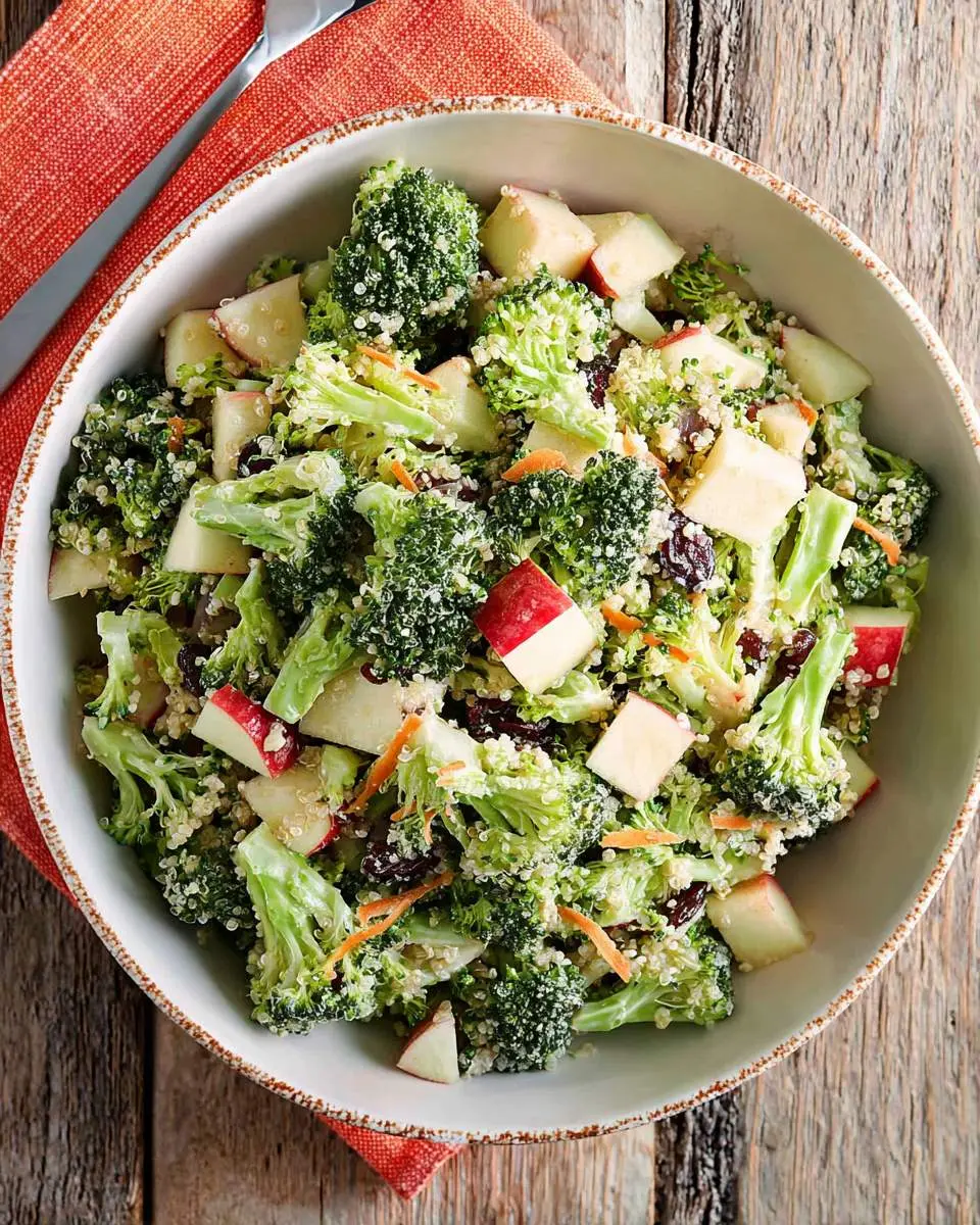 Fresh Broccoli Apple Quinoa Salad served in a white bowl with diced apples, dried cranberries, and shredded carrots on a rustic wooden table.