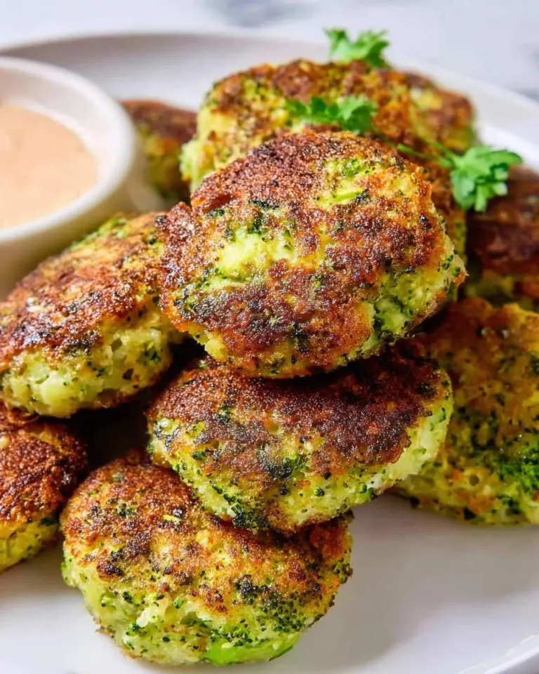 Golden brown Broccoli Cheese Patties stacked on a white plate with a side of dipping sauce and fresh herbs.