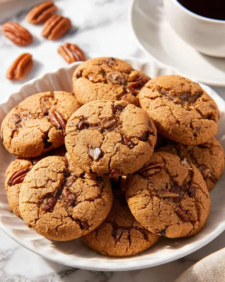 A plate of golden brown butter pecan cookies stacked on a white dish with scattered pecans and coffee in the background.