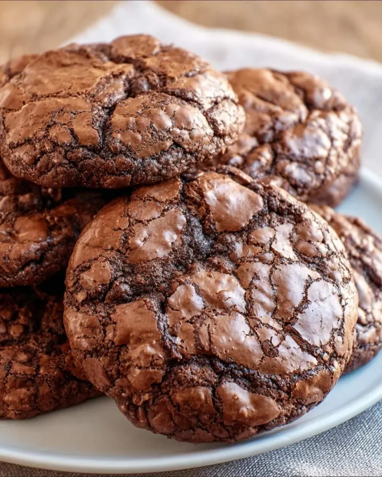 Stack of fudgy Brownie Mix Cookies with shiny cracked tops on a white plate.