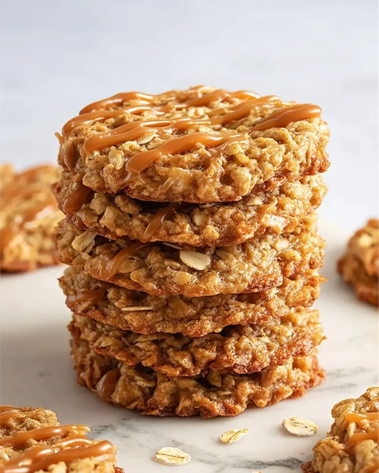 A tall stack of Caramel Apple Oatmeal Cookies drizzled with caramel sauce on a marble surface.
