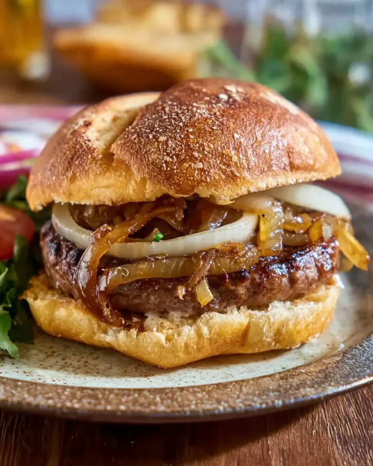 Juicy caramelized onion burger with grilled beef patty, sweet onions, and fresh slices on a toasted bun.