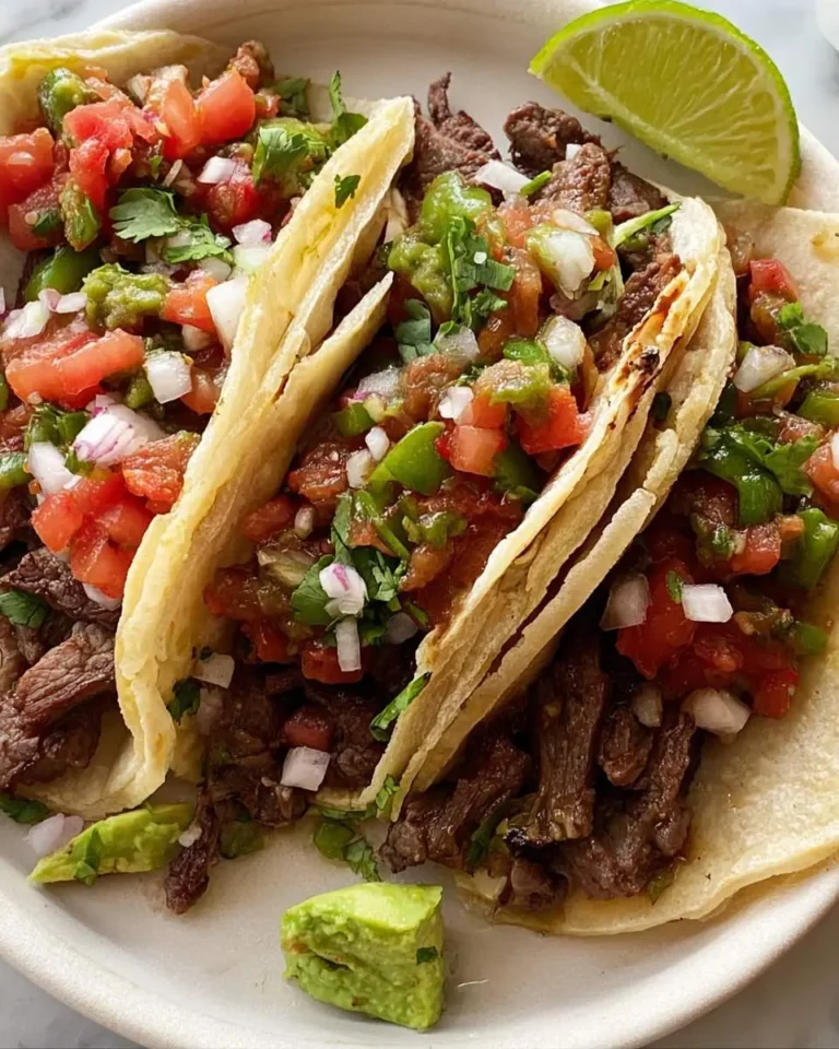 Three Carne Asada Tacos on a plate topped with fresh salsa, onions, cilantro, and a lime wedge.