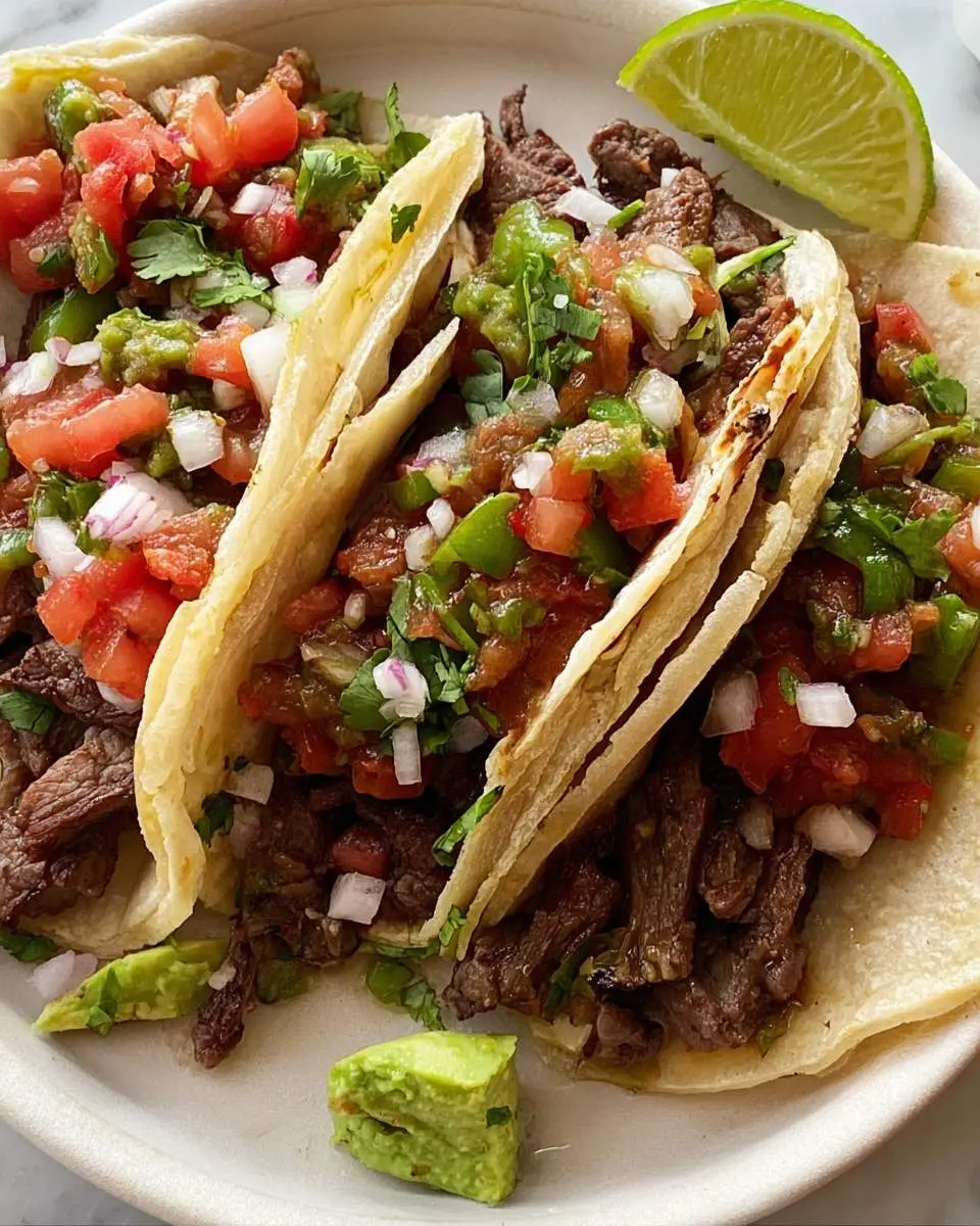 Three Carne Asada Tacos on a plate topped with fresh salsa, onions, cilantro, and a lime wedge.