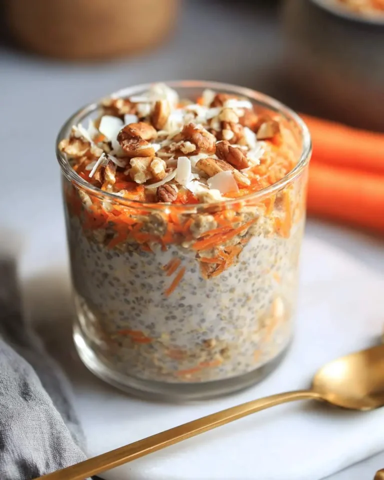 A glass jar filled with carrot cake chia oats topped with pecans and coconut flakes, with a gold spoon nearby.